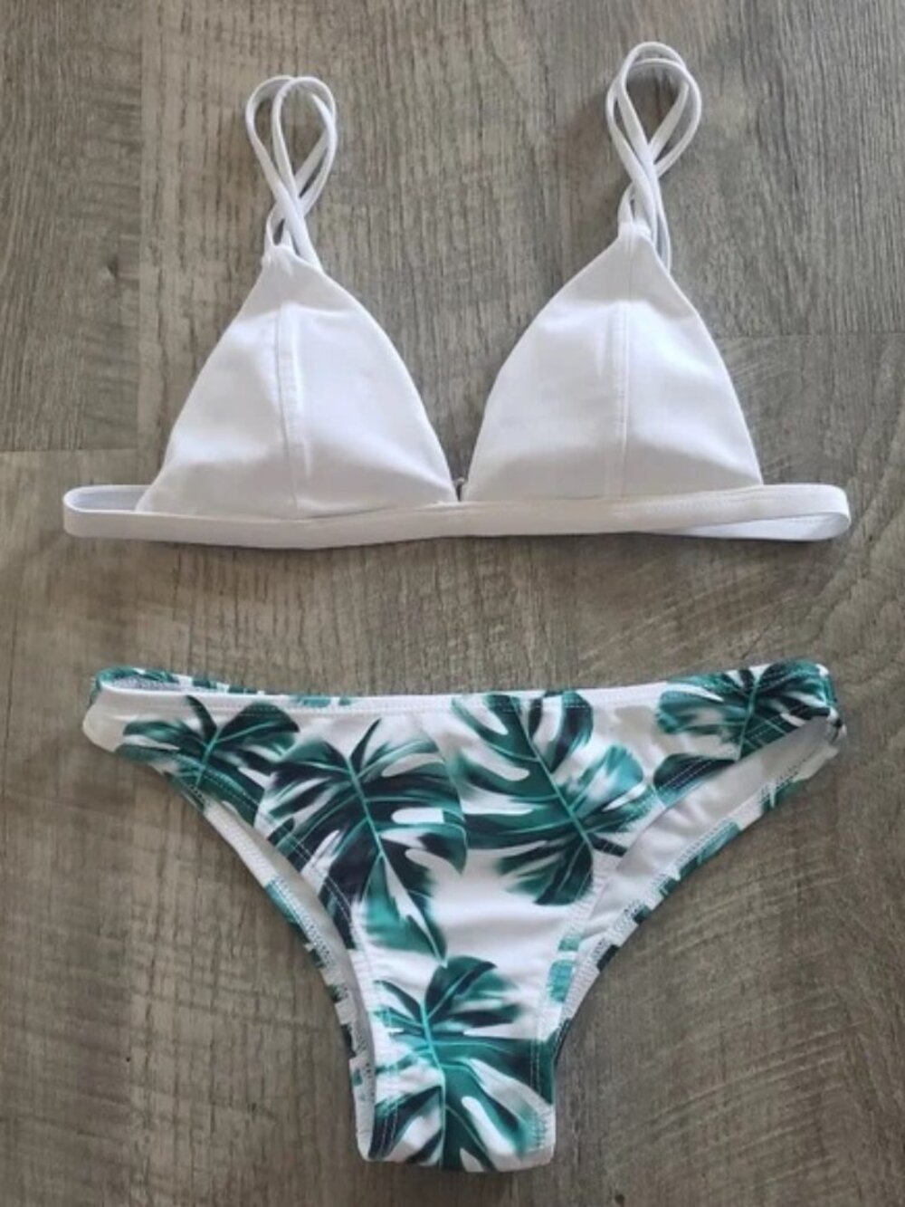 Zaful White and Green Leaf Bikini Swim Set.